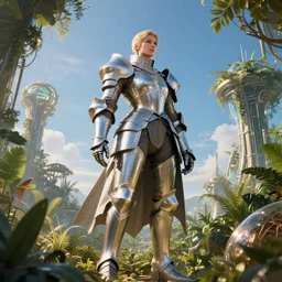 a large female knight in a hi-tech botanical world with blue skies | style of donato giancola, vincent callebaut, dramatic light | high detail | cinematic lighting | pristine metals, glass, plants | solarpunk | golden hour | volumetric lighting | concept art |