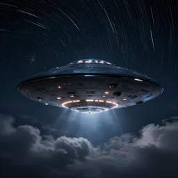 hyperrealistic ufo dark night, star trails, dramatic light, fluffy clouds, digital painting, artstation, jaime jasso, igh detailed, 8 k render, perfect shape, hyperrealistic