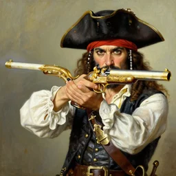 highly - detailed painting by norman rockwell of a an elegant wealthy pirate firing an ornate elaborate pistol made of ivory and gold.