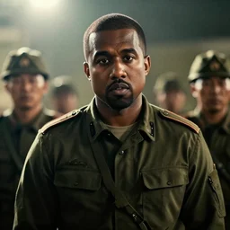 photo portrait of kanye west in korean people's army movie still, cinematic lighting, dramatic, octane render, long lens, shallow depth of field, bokeh, anamorphic lens flare, 8 k, hyper detailed, 3 5 mm film grain