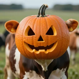 pumpkin head, cow body, photorealistic, 8 k