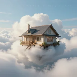 “puffy cloudscape, floating house, album art in the style of James Jean”