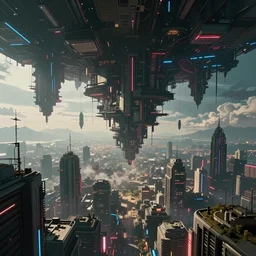 skyships cyberpunk surreal upside down city neon lights moebius