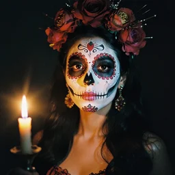 film photography of beautiful Mexican actress in sugar skull makeup, illuminated by candlelight, cinestill 800, 85mm