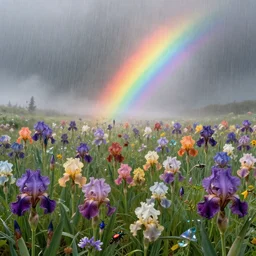 matte painting, landscape full of multicolored gem flowers, irisdecent beetle color, vray render, god rays, by peter mohrbacher, rainbow fog, light rain