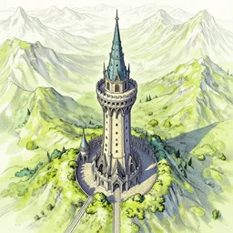 aerial view centered on a wizard tower that's surrounded by mountains, lineart, colored