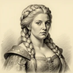 plump female dwarven noblewoman | complex blonde braided hairstyle | hyperdetailed | pencil sketch | giotto | waist-up portrait | dungeons and dragons |