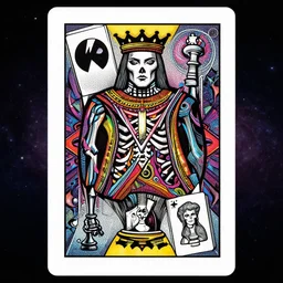 chess set, taro deck card king and psychedelic grainshading print by moebius, richard corben, wayne barlowe, cyberpunk comic cover art, psychedelic triangular skeleton, very intricate, thick outline, full body, symmetrical face, long black crown, in a shapes background, galactic dark colors