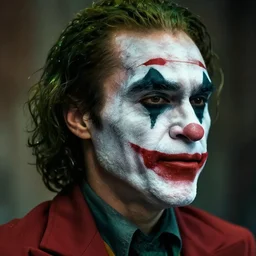a front profile shot of a man wearing the joker makeup 8k, hyperrealism, cinematic lighting