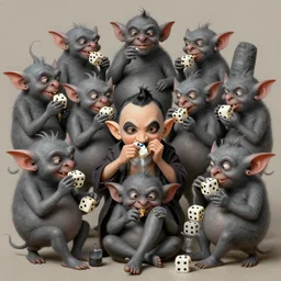 anthropomorphic highly detailed wide - angle group portrait of cute mr bean grey goblins eating d 2 0 dice, intricate, elegant, highly detailed grey goblin, digital painting, artstation, concept art, smooth, sharp focus, illustration, art by artgerm, bob eggleton, michael whelan, stephen hickman, richard corben, wayne barlowe, trending on artstation and greg rutkowski and alphonse mucha, 8 k