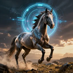 synthwave horse with digital code halo, tron style, artstation style