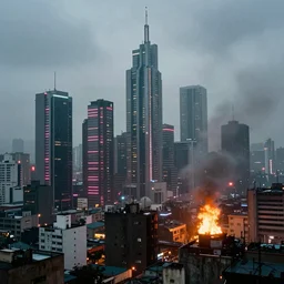 35mm atmospheric urban photographic landscape of Lima, Peru 20XX, Blade Runner 1982 city, futuristic dystopian megacity skyline with some skyscrapers, falling rain, neon, industrial fires and smog