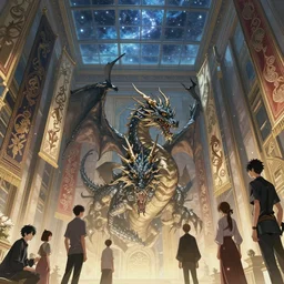 dragon's laie with giant walls and glass ceilings showing the stars and hanging silk drapery and tapestries, light dust, magnificent, close up, details, sharp focus, elegant, highly detailed, illustration, by Jordan Grimmer and greg rutkowski and PiNe(パイネ) and 薯子Imoko and 香川悠作 and wlop and maya takamura, intricate, beautiful, Trending artstation, pixiv, digital Art