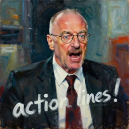 saul goodman, screaming, multimedia painting by david lynch,'action lines '!!!, graphic style, visible brushstrokes, motion blur, blurry