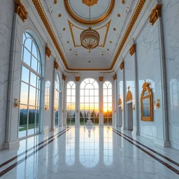 the interior of a house with very high ceilings with white marble walls and floors with gold details with huge windows where you could see the sunset