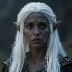 a face portrait of a very dark female drow elf, dark gray skin, naive, innocent, worried, young adult, long white hair, style by donato giancola, wayne reynolds, jeff easley dramatic light, high detail, cinematic lighting, artstation, dungeons and dragons