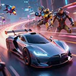 dream tron tesla light cycle race, rocket league, mass effect, hot wheels, wipe out, hyper realistic, concept art, intricate, hyper detailed, smooth, high contrast, neon, volumetric lighting, octane, raytrace, syd mead, artgerm, jim lee,