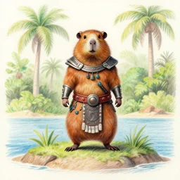 gerbil aztec warrior on island “ color pencil drawing ”, full body, tropical trees in background, depth of field, cinematic