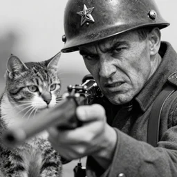 A soldier with a hateful face aiming at a cat, long shot, world war 1, close-up, realistic face, beautiful face detail, mature facial features, black and white, amazing digital art, hyper detailed, artstation, in the style of Tony Sart