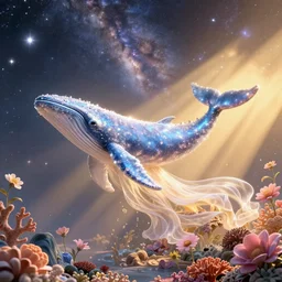 glimmering whale, flowing dress, flowers, cosmos, milky way galaxy, golden hour, god rays, coral reef, dreamscape by artgerm and ruan jia and ismail inceoglu and greg olsen, masterpiece, minimalistic, beautiful, intricate, elegant, highly detailed