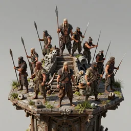 an intricate concept illustration, fantasy, peasant raiders standing on a platform, ultra photorealistic, ultra sharp, artstation, cgsociety, masterpiece, by wlop, octane render