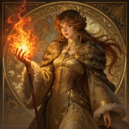 young summoner with a fire elemental, fantasy, female, thick robes, intricate, elegant, highly detailed, digital painting, artstation, concept art, wallpaper, smooth, sharp focus, illustration, art by artgerm and greg rutkowski and alphonse mucha