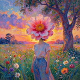 girl with surreal exploding flower head, standing in flower field, big trees, sunrise dramatic light, impressionist painting, colorful clouds, digital painting, pointillism, artstation, simon stalenhag