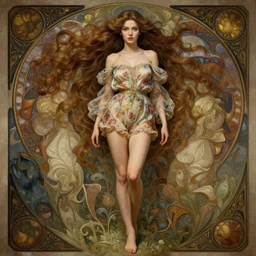 cute russian woman with a beautiful face and eyes, long hair, wearing a flowery romper, long legs, fantasy, intricate, full body shot, sexy, highly detailed, digital painting, artstation, concept art, wallpaper, smooth, sharp focus, realistic photo by artgerm and greg rutkowski and alphonse mucha