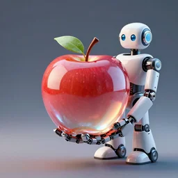 3 d render of an apple made out of glass held by a robot