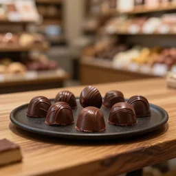 5 5 mm photo of freshly milk french roast chocolate dark chocolate by leonidas on a black plat on a wooden table in a candy store. dof. bokeh. magical atmosphere. art by greg rutkowski. highly detailed 8 k. intricate. lifelike. soft light. nikon d 8 5 0.