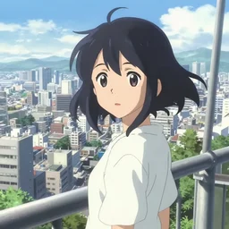 anime visual of a black haired girl on top of tower sightseeing bright day anime cityscape by makoto shinkai, cute face by yoh yoshinari, katsura masakazu