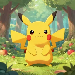a cute Pikachu in an apple forest, digital art, trending on artstation, HDR, by Albert Bierstadt