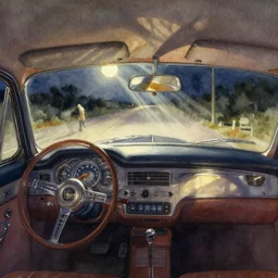 watercolor, vintage art deco 7 0 s car interior pov at night by colin campbell cooper is glowing by andrew atroshenko, a car from inside at night, moon rays create shadows on the car walls, low light, impressionist watercolor by john la farge and thomas cole, cinematic, watercolor art by bruce pennington