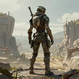 concept art of a post apocalyptic explorer nomad standing on a platform, back - view, hyperrealistic, photorealistic, style by wlop, hyper detailed, 8 k
