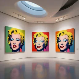 interior futuristic art gallery wide angle highly detailed by santiago calatrava, three wall hanging paintings famous pieces by warhol!, captivating 8 k hdr, octane render godrays hyperrealism