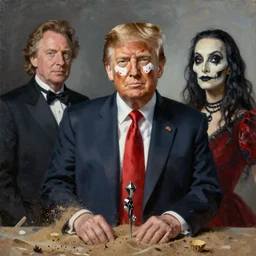 donald trump as death from sandman, goth chic, soft lighting, unreal engine, 8 k, by thomas kinkade and salvador dali, painting