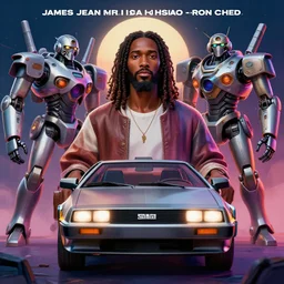 stylish 3 d vfx portrait movie poster art of an african jesus in a delorean surrounded by mecha robots, art style by james jean & hsiao - ron cheng, unreal engine render, digital illustration, drew struzan style, sharp, intricate detail, volumetric lighting, ray tracing, soft lighting, neon, claymation style, symmetry, ernie barnes style, acrylic on canvas,