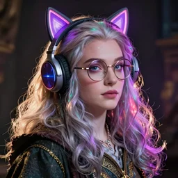 gandalf e - girl neon hair wizard with rimmed glasses and cat ears headphone