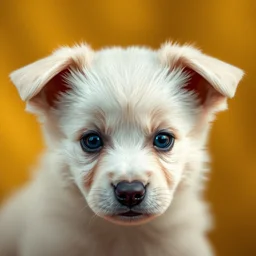 a beautiful portrait, golden background, gorgeous fantasy cute puppy, professionally retouched, soft lighting, realistic, smooth face, gorgeous blue eyes, long white hair, cute ears, wide angle, sharp focus on the eyes, 8 k high definition, insanely detailed, intricate, elegant, gorgeous, art by artgerm and wlop