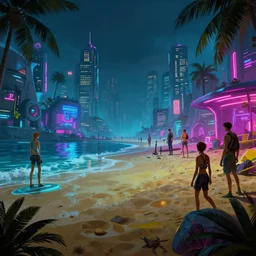 photo environement cyberpunk beatch : 4, 4 k rtx hdr volume light concept studio matte painting environement digital illustration style cyberpunk 2 0 7 7 artstation artur tarnowski, mihai muscan, marcin tomalak, marta leydy, marcin stepien, charlotte hughes, zuzanna dabrowa neon bioluminiscence