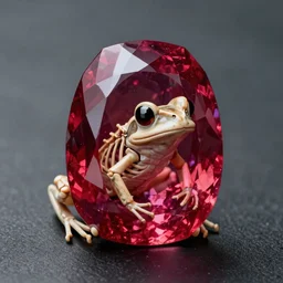 “high quality backlit image of a giant ruby with a frog skeleton trapped inside, archival film photography”