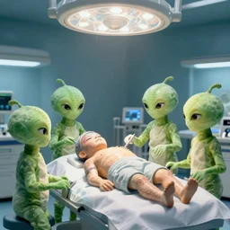 Green aliens carrying out an autopsy on a human