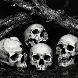 Skulls lying under a dead tree. Close Up Shot, Dark Fantasy, Film Noir, Black and White. High Contrast, Mike Mignola, D&D, OSR