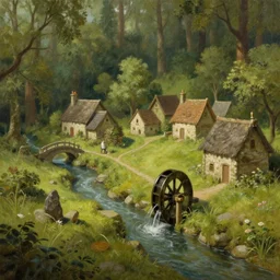 a small serene fantasy village on the edge of the woods, small stream, water wheel, lord of the rings, smooth, detailed terrain, oil painting, matte painting, concept art, trending on artstation, by kim jung gi and greg rutkowski, rule of thirds