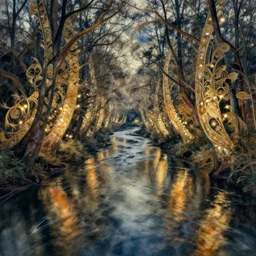 A Mystic River, The River Is Full of Lights, Mysticism, Artwork, Watercolor, Cinematic, Exposure, Slit-Scan Photography, 4k, Ultra-HD, Incandescent, Ray Tracing Reflections, insanely detailed and intricate, elegant, ornate, hyper realistic, super detailed by Dorothea Tanning, by Bruce Pennington