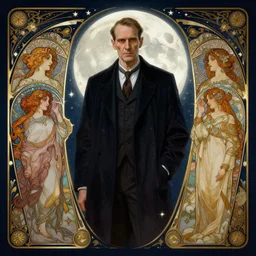 h. p. lovecraft surrounded by starlight, moon behind him, lovecraftian, fantasy, intricate, elegant, hyper detailed, ultra definition, photoreal, artstation, unreal engine rendered, concept art, smooth, sharp focus, illustration, art by artgerm and greg rutkowski and alphonse mucha and garis edelweiss
