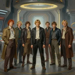 a group of people standing around a star wars scene, an art deco painting by tim hildebrandt and by tim and greg hildebrandt and by ralph mcquarrie and by greg hildebrandt and by michael whelan, cg society, retrofuturism, futuristic, sci - fi, dystopian art