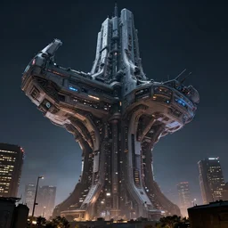 cinematic scifi render of a 3 d sculpt of a funnel shaped thick gigantic huge cyberpunk john harris aircraft carrier megalithic tower structure tokyo at night, beeple, halo, star wars, ilm, star citizen, halo, mass effect, high tech industrial, artstation unreal, dramatic powerful sky
