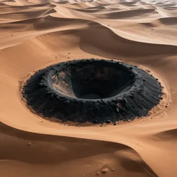 a photo of a round black crater in a desert surrounded by sand dunes that resemble an iris
