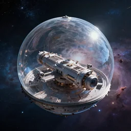 sci - fi space station, covered by a giant clear glass dome, floating in nebula - filled space, superior quality masterpiece